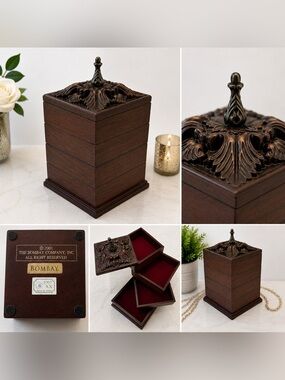 Bombay Brown Wood Jewelry Box with Carved Bronze-Tone Lid